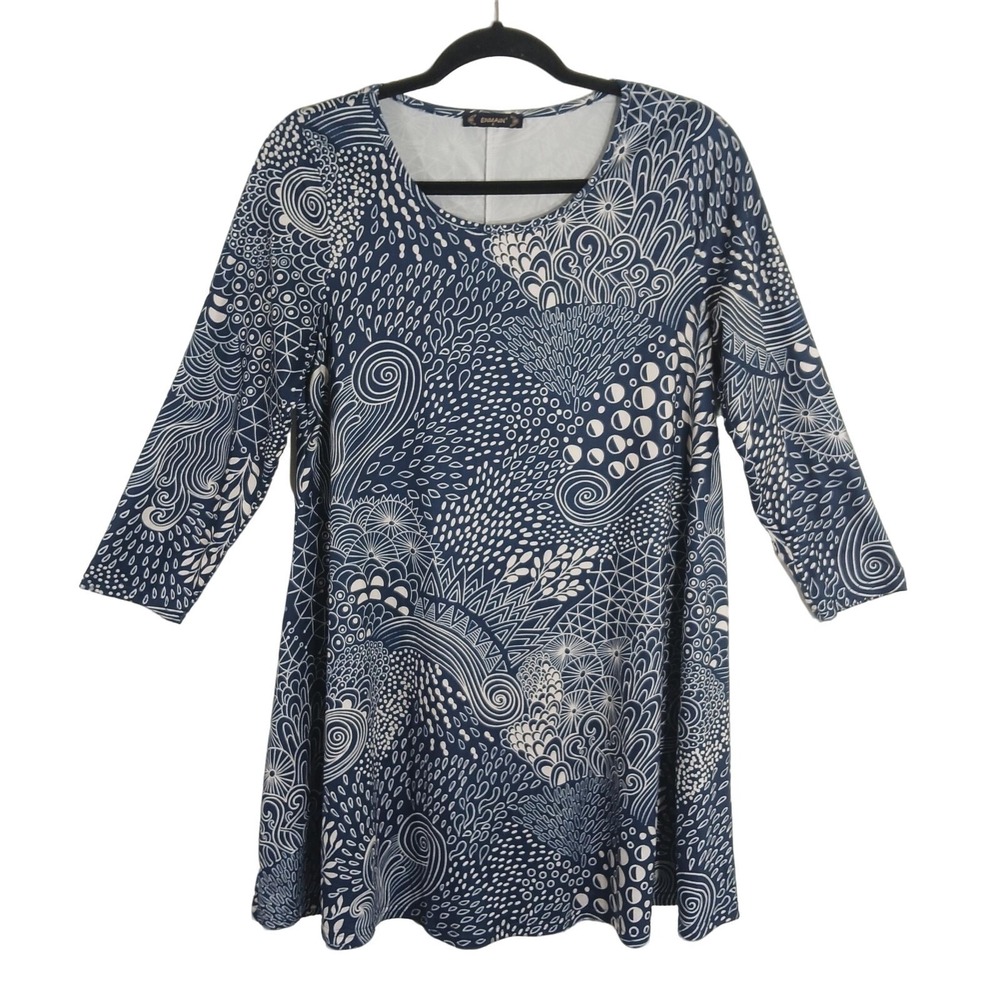 Womens L Navy Cream Boho Abstract Artsy Print Stretch Jersey Swing Tunic Top L